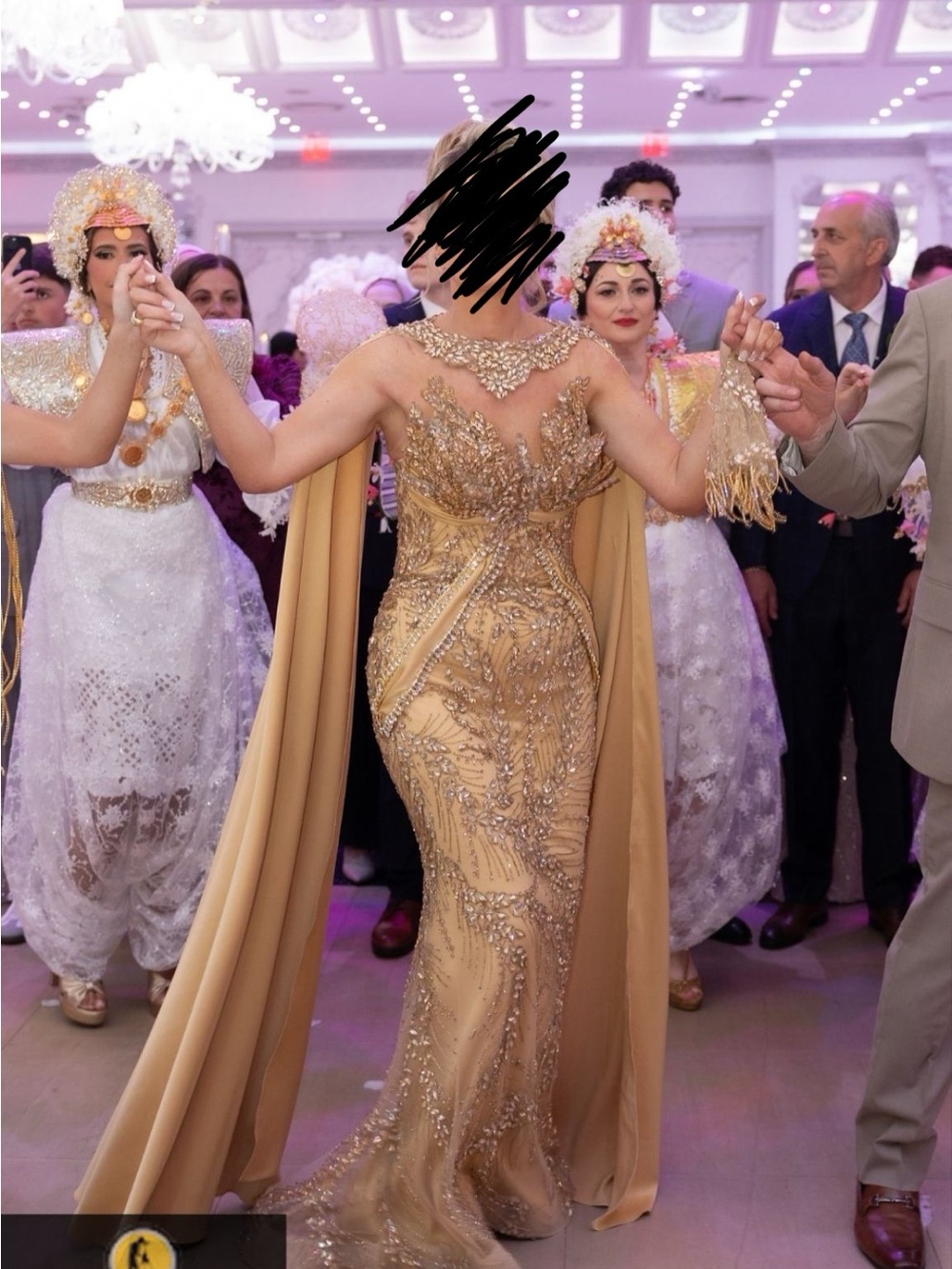 Gold Embellished Evening Gown with Cape